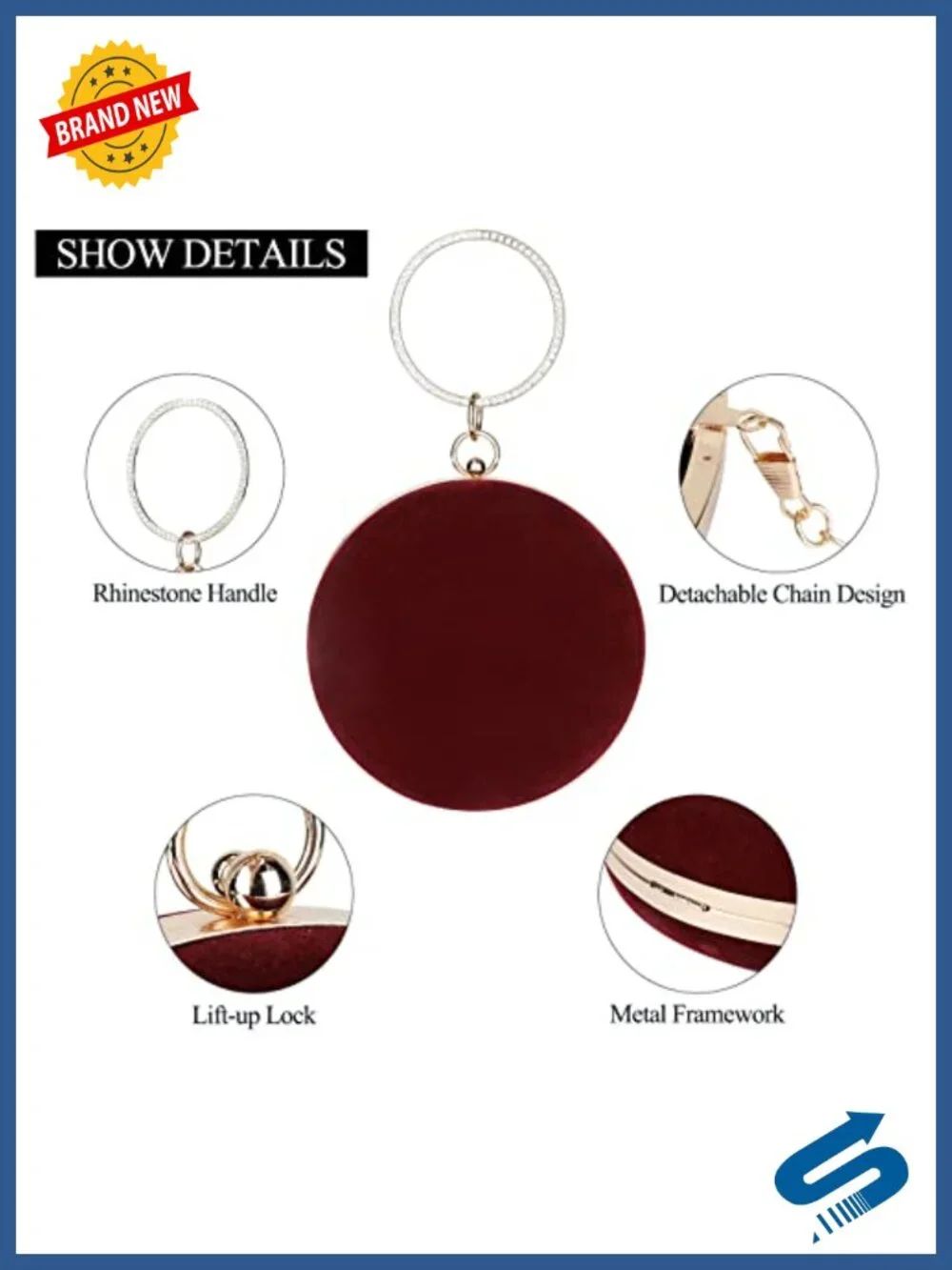 Velvet Round Clutch Evening Bag with Rhinestone Handle & Gold Chain